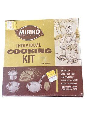 Vintage Mirro Aluminum Individual Cooking Kit Original Box Cloth Case M-4354
